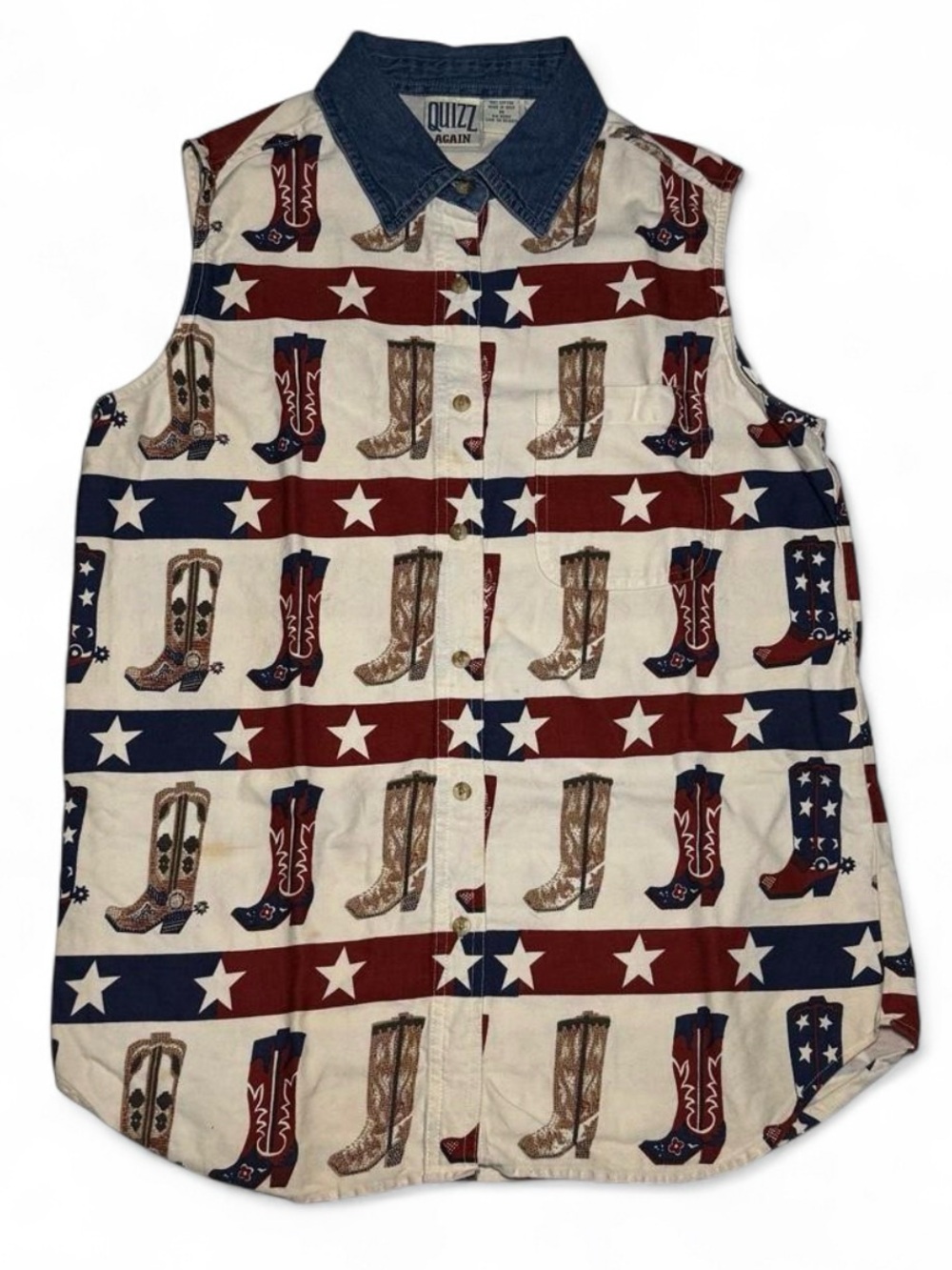 VTG  Quizz Again Cowboy Boot Sleeveless Vest Denim Collar Patriotic Western Sz M
